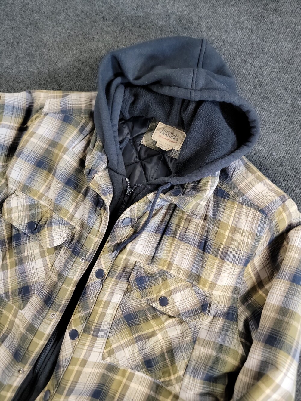 Boston Traders Flannel Shirt Jacket Quilted Hooded Navy Mens Large